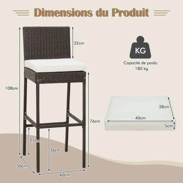 Tabourets de Bar Lot de 2 avec Coussins en Rotin Cadre en Métal Hauteur Siège 76CM pour Jardin Balcon Patio Marron