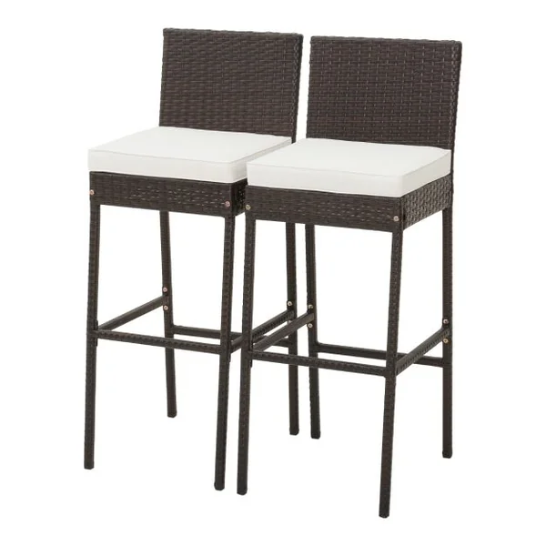 Tabourets de Bar Lot de 2 avec Coussins en Rotin Cadre en Métal Hauteur Siège 76CM pour Jardin Balcon Patio Marron