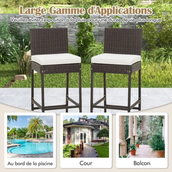 Tabourets de Bar Lot de 2 avec Coussins en Rotin Cadre en Métal Hauteur Siège 76CM pour Jardin Balcon Patio Marron