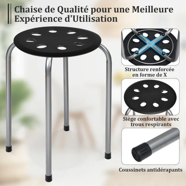 Tabourets Empilables 30 x 40,5 cm (Dia x H) Cadre en Métal Joint en Forme de X Stable pour Cuisine Bistro Multicolore/Gris/Noir