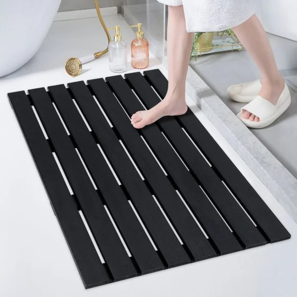 Tapis de Bain Imperméable Grand Tapis de Douche 100 x 60 cm avec Texture Antidérapante Design à Lattes Tapis de Sol WPC Robuste Noir