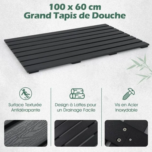 Tapis de Bain Imperméable Grand Tapis de Douche 100 x 60 cm avec Texture Antidérapante Design à Lattes Tapis de Sol WPC Robuste Noir