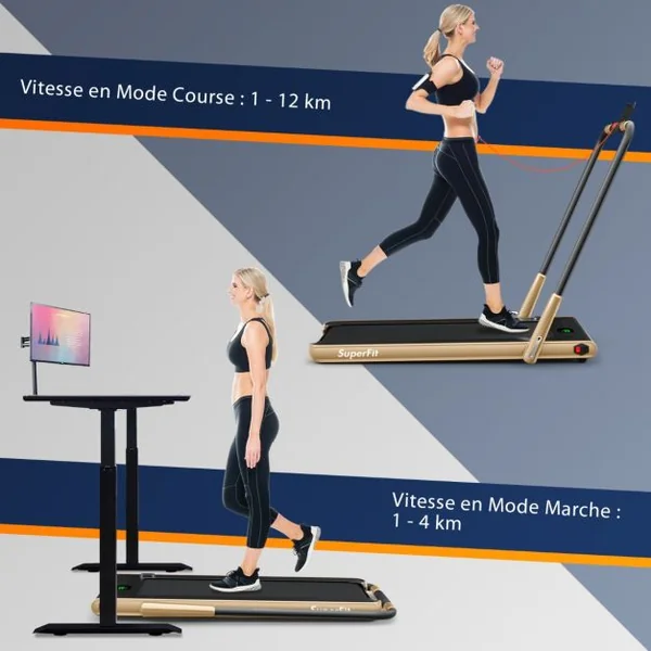Tapis de Course Pliable 2 en 1 Tapis Roulant Électrique Motorisé 1-12 KM/H avec Télécommande Écran LED 7 Couleurs aux Choix