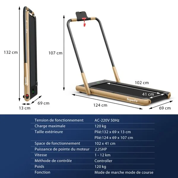 Tapis de Course Pliable 2 en 1 Tapis Roulant Électrique Motorisé 1-12 KM/H avec Télécommande Écran LED 7 Couleurs aux Choix