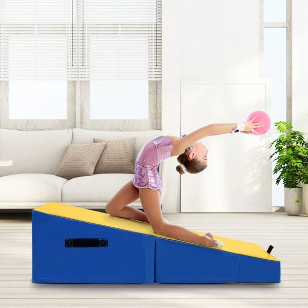 Tapis de Gymnastique Incliné 120 x 60 x 35 cm Matelas de Gym Angle Droit Pliable avec Mousse EPE et Cuir PVC Jaune