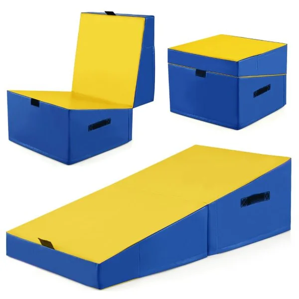 Tapis de Gymnastique Incliné 120 x 60 x 35 cm Matelas de Gym Angle Droit Pliable avec Mousse EPE et Cuir PVC Jaune