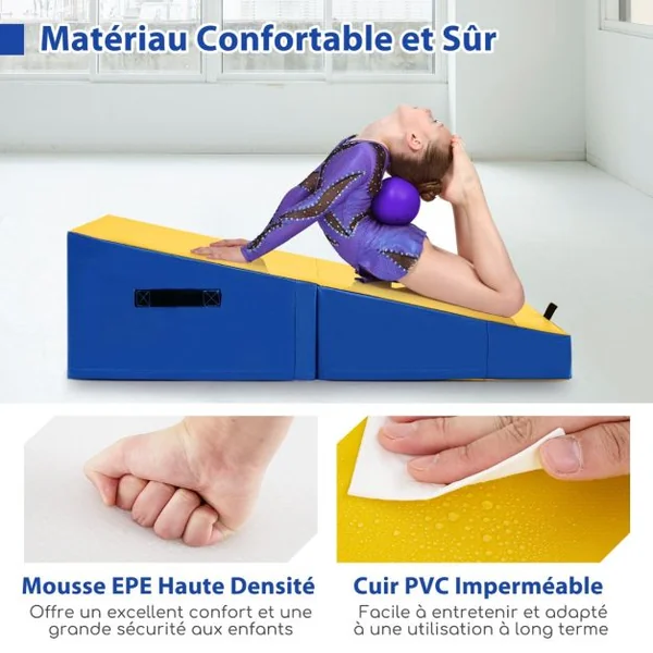 Tapis de Gymnastique Incliné 120 x 60 x 35 cm Matelas de Gym Angle Droit Pliable avec Mousse EPE et Cuir PVC Jaune