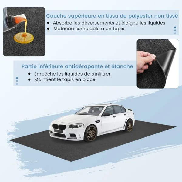 Tapis de Sol Imperméable 600 x 220 cm Tapis Antidérapant Voiture Réutilisable et Lavable avec Ruban Adhésif Double Face Absorbant Gris