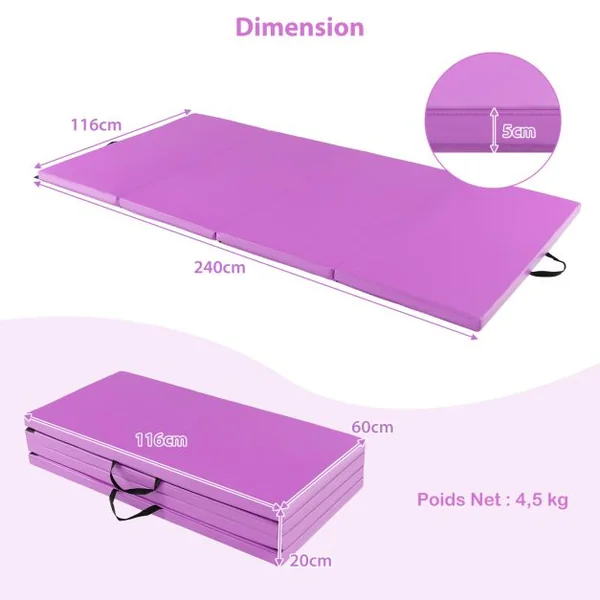 Tapis de Sol Pliable 240 x 116 x 5 CM Tapis de Fitness Tapis de Gymnastique avec Poignées de Transport et Fermetures Auto-agrippantes Violet