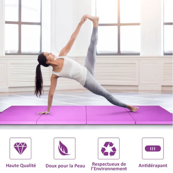 Tapis de Sol Pliable 240 x 116 x 5 CM Tapis de Fitness Tapis de Gymnastique avec Poignées de Transport et Fermetures Auto-agrippantes Violet