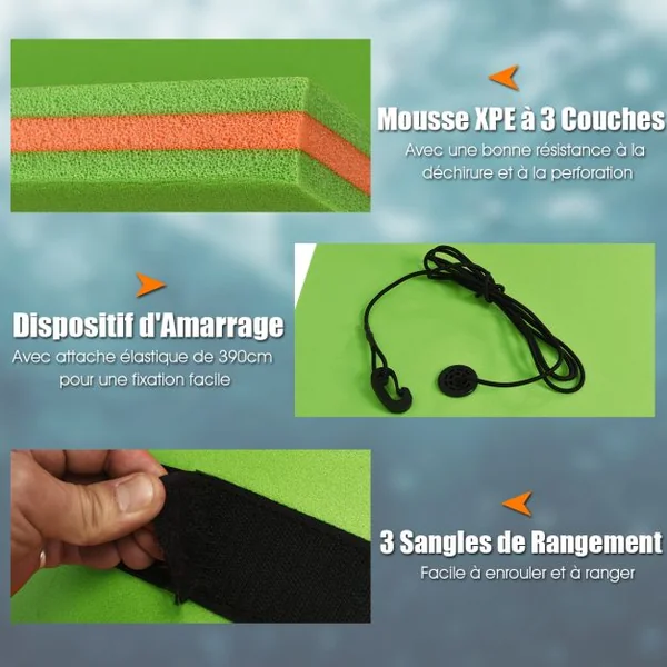 Tapis Flottant de Piscine 355 x 183 CM Matelas Flottant d’Eau 4-6 Personnes 3 Couches Mousse XPE Résistant Charge 400 KG Bleu/Vert/Orange
