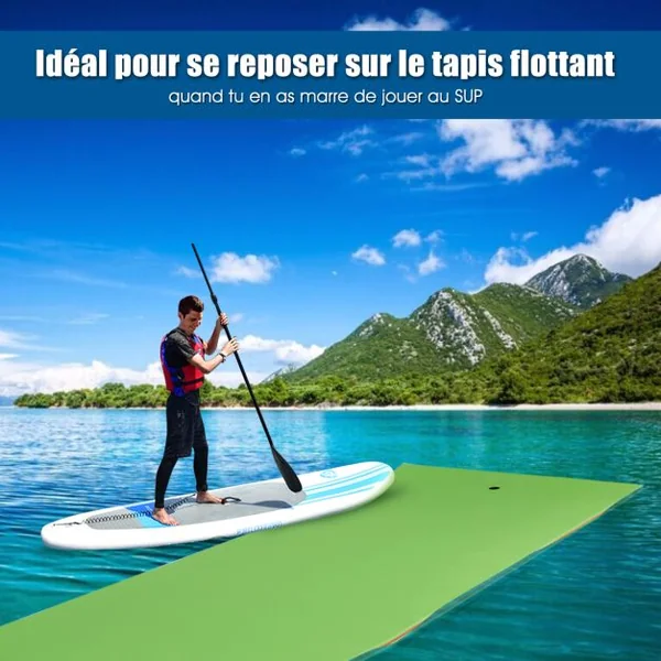 Tapis Flottant de Piscine 355 x 183 CM Matelas Flottant d’Eau 4-6 Personnes 3 Couches Mousse XPE Résistant Charge 400 KG Bleu/Vert/Orange