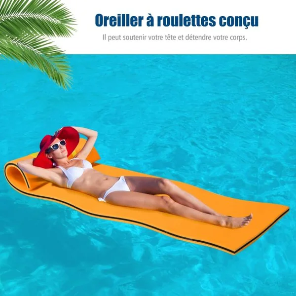 Tapis Flottant en Mousse XPE 3 Couches Sangles Attache Elastique de 150 cm Capacité 60 kg 210x66x3,5cm Jaune + Bleu/Orange + Noir