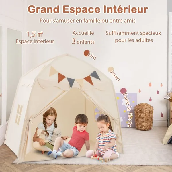 Tente de Jeu pour Enfants de 3 à 12 Ans Tente de Lit pour Tout-Petits avec Drapeaux et Guirlandes Lumineuses Lavable en Machine Beige/Café/Rose