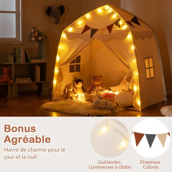 Tente de Jeu pour Enfants de 3 à 12 Ans Tente de Lit pour Tout-Petits avec Drapeaux et Guirlandes Lumineuses Lavable en Machine Beige/Café/Rose