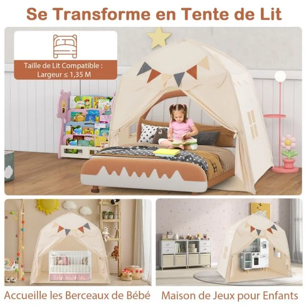 Tente de Jeu pour Enfants de 3 à 12 Ans Tente de Lit pour Tout-Petits avec Drapeaux et Guirlandes Lumineuses Lavable en Machine Beige/Café/Rose