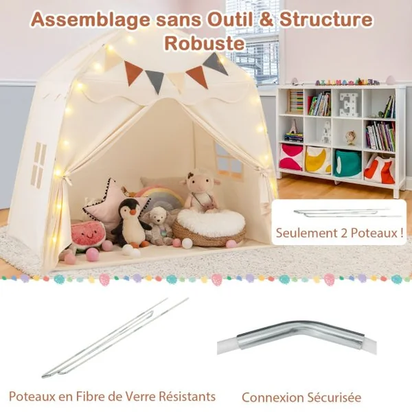 Tente de Jeu pour Enfants de 3 à 12 Ans Tente de Lit pour Tout-Petits avec Drapeaux et Guirlandes Lumineuses Lavable en Machine Beige/Café/Rose