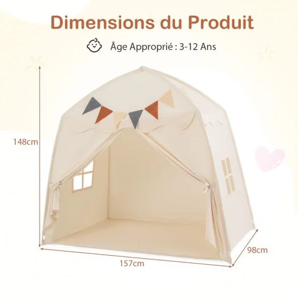 Tente de Jeu pour Enfants de 3 à 12 Ans Tente de Lit pour Tout-Petits avec Drapeaux et Guirlandes Lumineuses Lavable en Machine Beige/Café/Rose