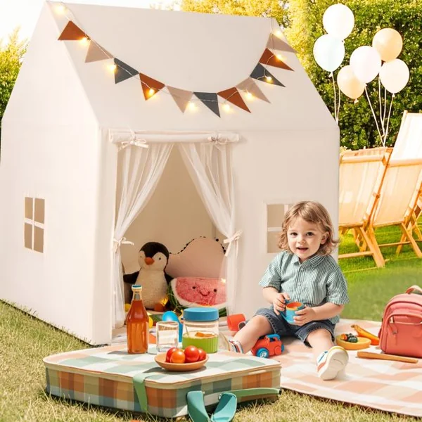 Tente de Jeu pour Enfants Tente avec Tapis Antidérapant Rembourré Drapeaux Guirlandes Lumineuses Fenêtres pour 3-14 Ans Beige