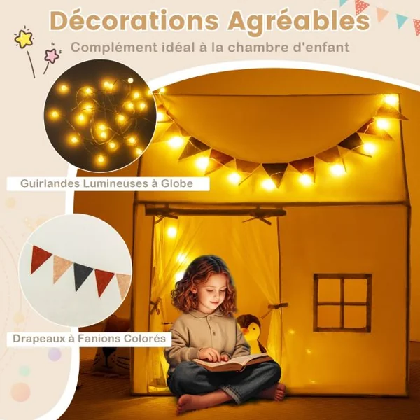 Tente de Jeu pour Enfants Tente avec Tapis Antidérapant Rembourré Drapeaux Guirlandes Lumineuses Fenêtres pour 3-14 Ans Beige