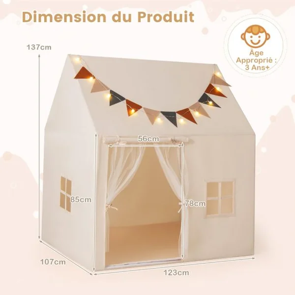 Tente de Jeu pour Enfants Tente avec Tapis Antidérapant Rembourré Drapeaux Guirlandes Lumineuses Fenêtres pour 3-14 Ans Beige
