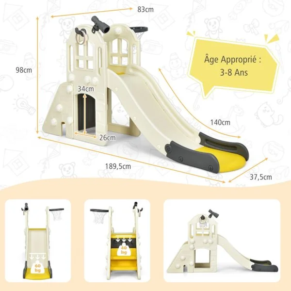 Toboggan pour Enfant 6 en 1 - Glisse de 140 CM 3-8 Ans Toboggan Intérieure & Extérieure Bleu/Rose/Jaune