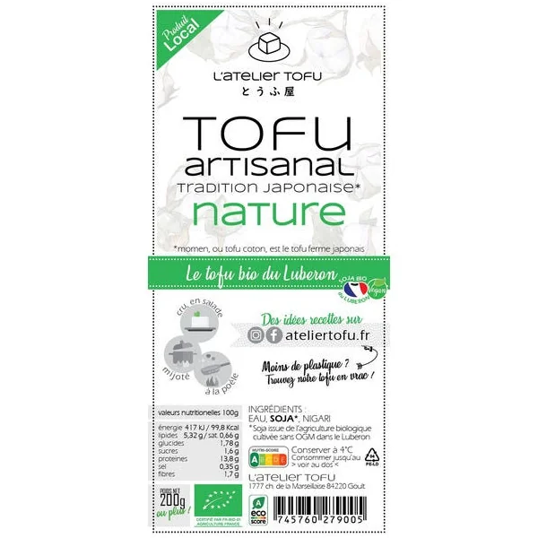 Tofu NATURE - 200g - bio et artisanal de tradition japonaise