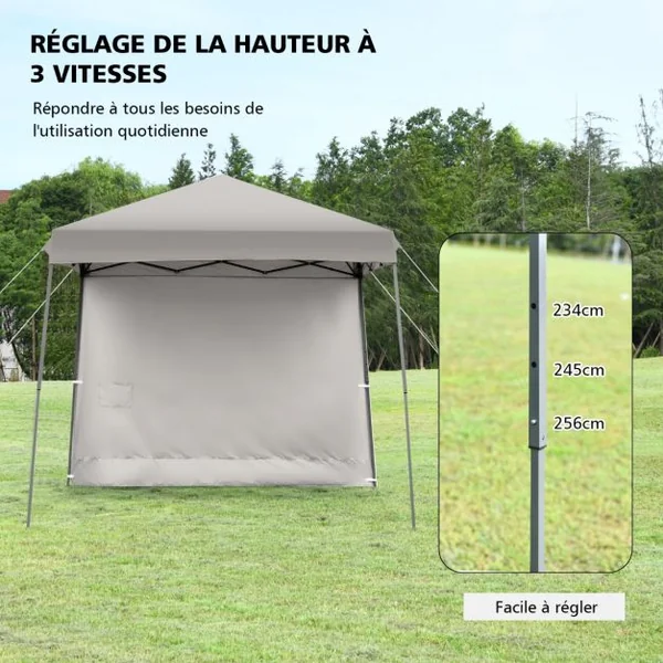 Tonnelle de Jardin 3x3m Pliante Tente de Réception Réglable avec Parois Latérales Amovibles et Sac à dos à Roulettes Gris