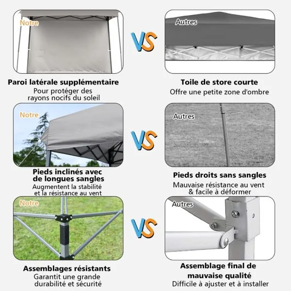 Tonnelle de Jardin 3x3m Pliante Tente de Réception Réglable avec Parois Latérales Amovibles et Sac à dos à Roulettes Gris