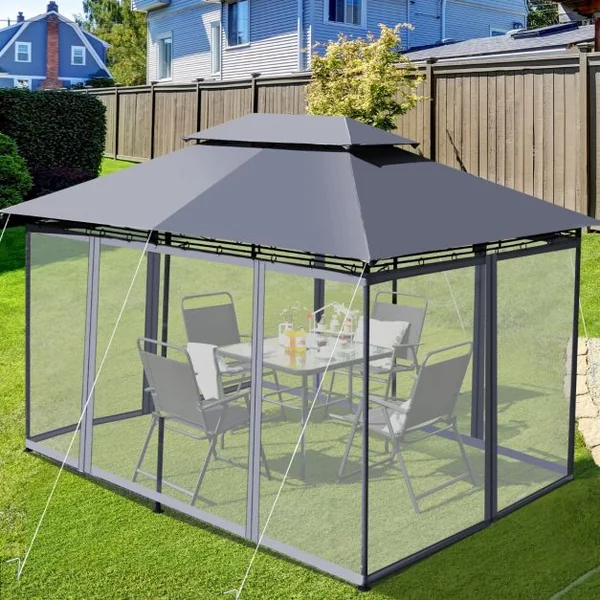 Tonnelle de Jardin Pergola avec Moustiquaires Amovibles 3,9 x 2,9 x 2,7 M (L x l x H) Tente de Réception Gris