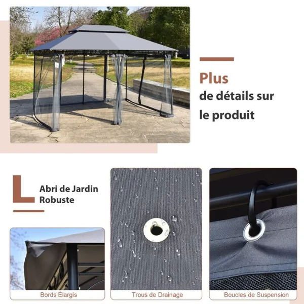 Tonnelle de Jardin Pergola avec Moustiquaires Amovibles 3,9 x 2,9 x 2,7 M (L x l x H) Tente de Réception Gris