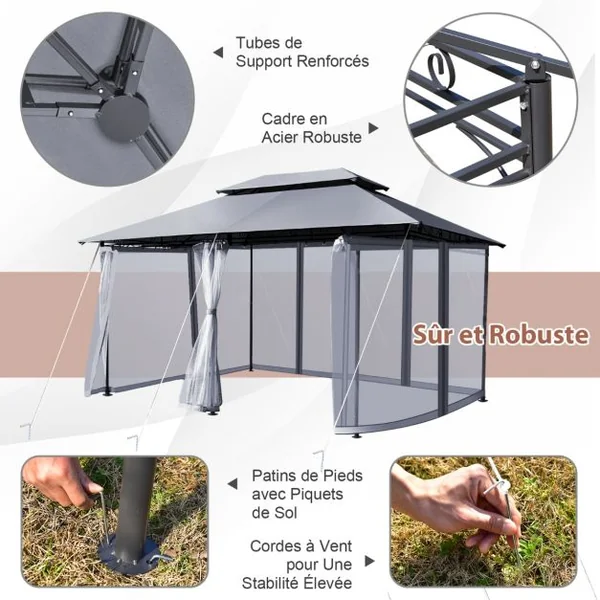 Tonnelle de Jardin Pergola avec Moustiquaires Amovibles 3,9 x 2,9 x 2,7 M (L x l x H) Tente de Réception Gris