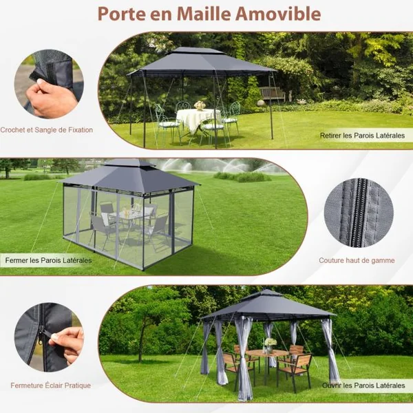 Tonnelle de Jardin Pergola avec Moustiquaires Amovibles 3,9 x 2,9 x 2,7 M (L x l x H) Tente de Réception Gris