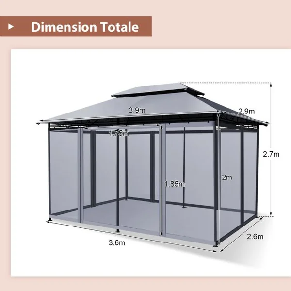 Tonnelle de Jardin Pergola avec Moustiquaires Amovibles 3,9 x 2,9 x 2,7 M (L x l x H) Tente de Réception Gris