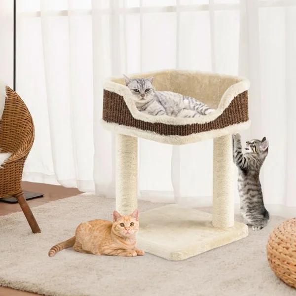 Tour d'Arbre à Chat Compacte avec Perchoir en Peluche et Griffoirs pour se Faire ses Griffes Beige