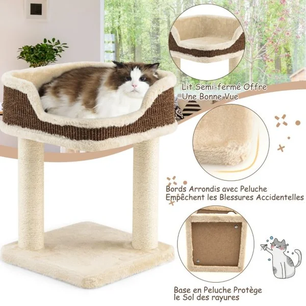 Tour d'Arbre à Chat Compacte avec Perchoir en Peluche et Griffoirs pour se Faire ses Griffes Beige