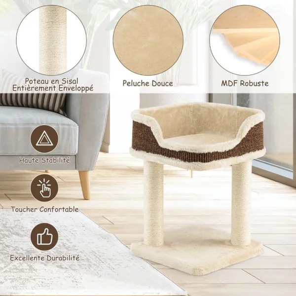 Tour d'Arbre à Chat Compacte avec Perchoir en Peluche et Griffoirs pour se Faire ses Griffes Beige