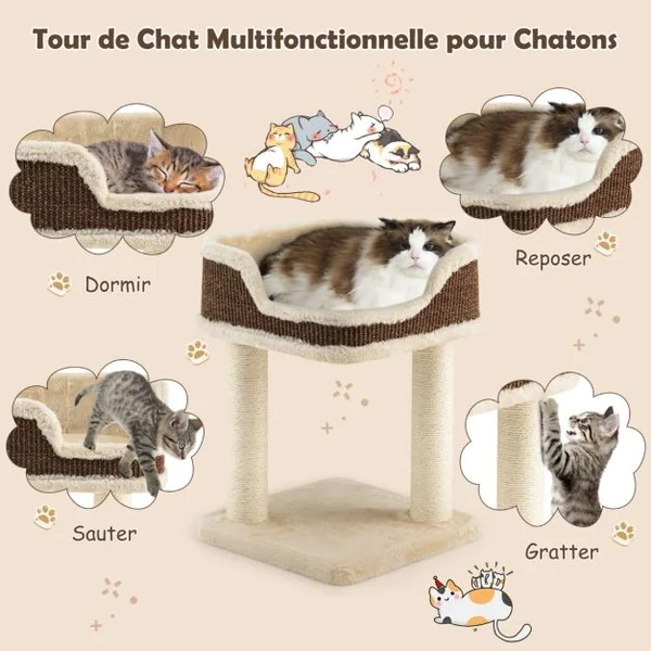 Tour d'Arbre à Chat Compacte avec Perchoir en Peluche et Griffoirs pour se Faire ses Griffes Beige
