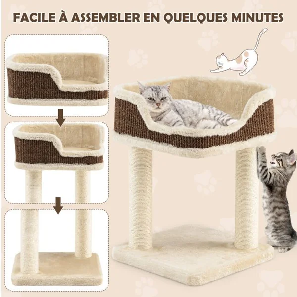 Tour d'Arbre à Chat Compacte avec Perchoir en Peluche et Griffoirs pour se Faire ses Griffes Beige