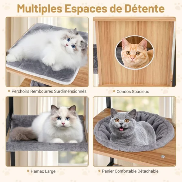 Tour Moderne pour Chats d'Intérieur de 160cm de Haut Cadre en Métal Perchoir Supérieur Rembourré Grandes Plateformes Naturel