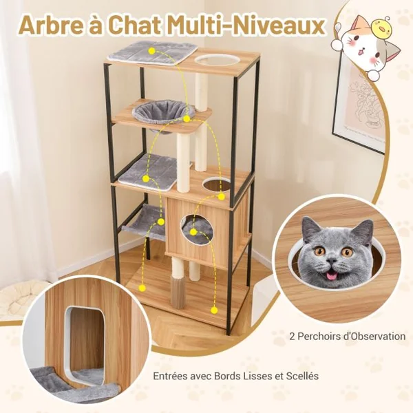 Tour Moderne pour Chats d'Intérieur de 160cm de Haut Cadre en Métal Perchoir Supérieur Rembourré Grandes Plateformes Naturel