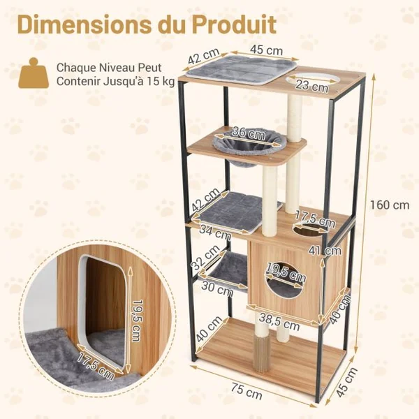 Tour Moderne pour Chats d'Intérieur de 160cm de Haut Cadre en Métal Perchoir Supérieur Rembourré Grandes Plateformes Naturel