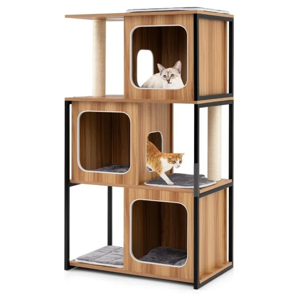 Tour pour Chats d’Intérieur Moderne avec Cadre en Métal Perchoir Supérieur Rembourré Grandes Plateformes Coussins Amovibles Naturel
