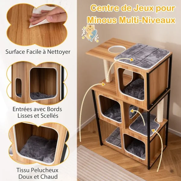 Tour pour Chats d’Intérieur Moderne avec Cadre en Métal Perchoir Supérieur Rembourré Grandes Plateformes Coussins Amovibles Naturel