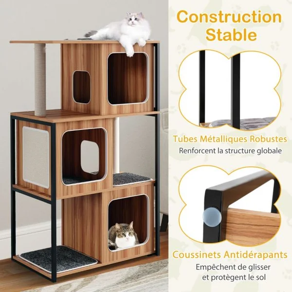 Tour pour Chats d’Intérieur Moderne avec Cadre en Métal Perchoir Supérieur Rembourré Grandes Plateformes Coussins Amovibles Naturel