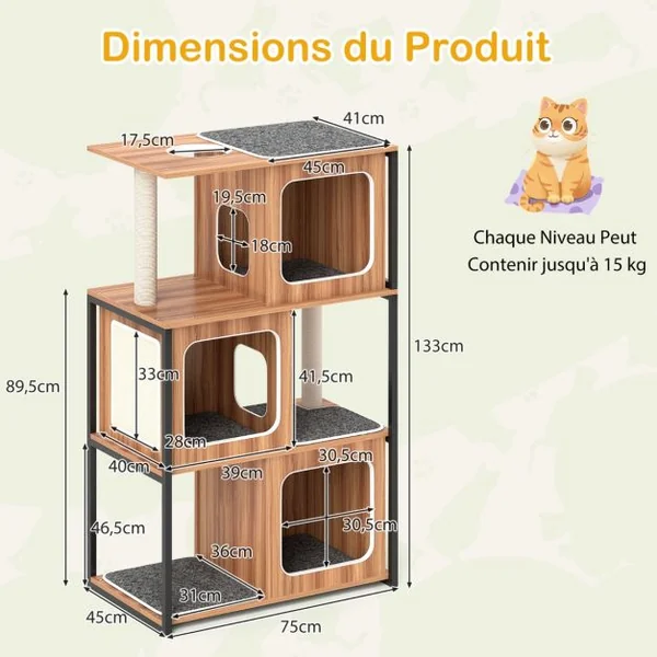 Tour pour Chats d’Intérieur Moderne avec Cadre en Métal Perchoir Supérieur Rembourré Grandes Plateformes Coussins Amovibles Naturel