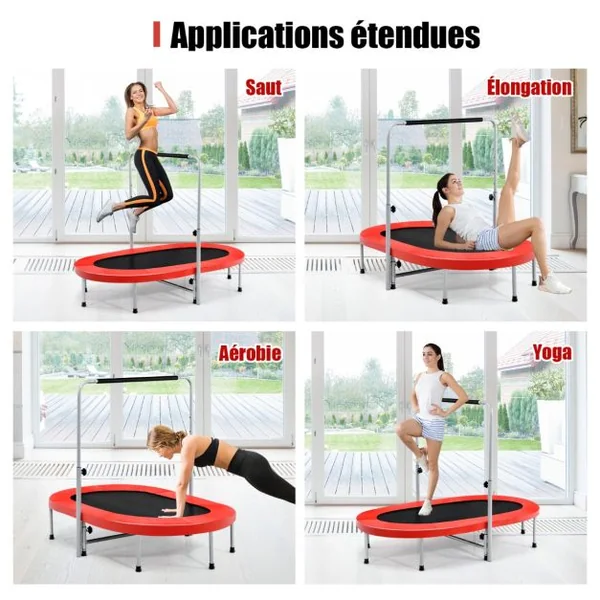 Trampoline Pliable pour 2 Enfants Intérieur/Extérieur avec Main Courante Ajustable Coussin Tapis de Saut Charge 150kg Rouge/Bleu/Rose