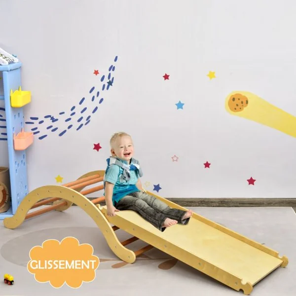 Triangle d'Escalade Foldable 3 en 1 pour Enfants avec Rampe Réversible et Tapis pour Grimper et Glisser en Bois Charge Max. 60 kg Naturel