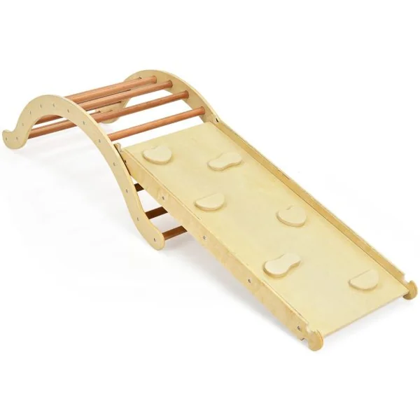 Triangle d'Escalade Foldable 3 en 1 pour Enfants avec Rampe Réversible et Tapis pour Grimper et Glisser en Bois Charge Max. 60 kg Naturel
