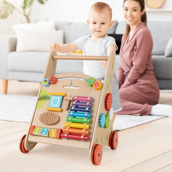 Trotteur en Bois pour Bébé Trotteur à Pousser avec Poignée Rangements Roues Trotteur d'Activités d'Apprentissage pour 3+ Ans Naturel